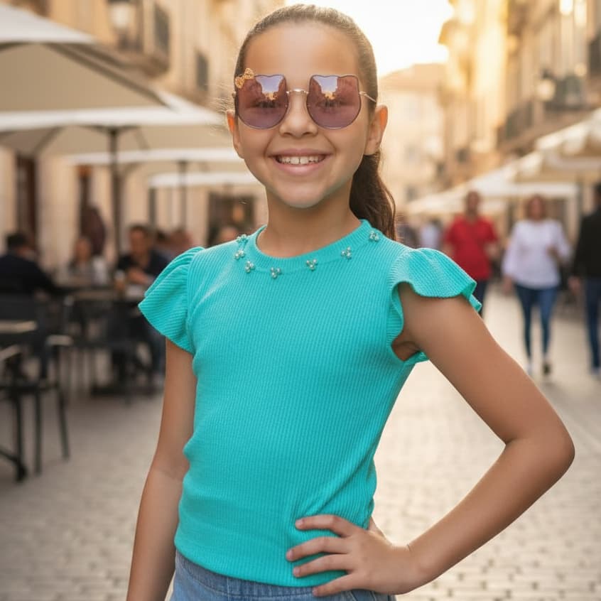 Blusa Infantil Feminina, Babado, Pérolas em Tecido Malha Ana Ruga - Disponível em Diversas Cores