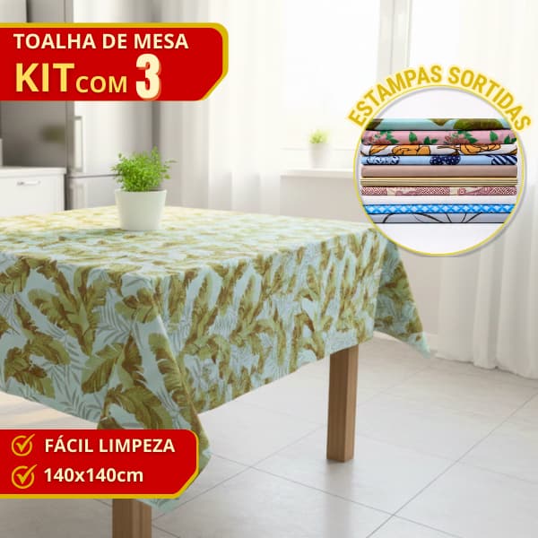 Kit Com 3 Toalhas de Mesa Quadrada 4 Lugares Estampas Sortidas Cozinha 140 x 140cm