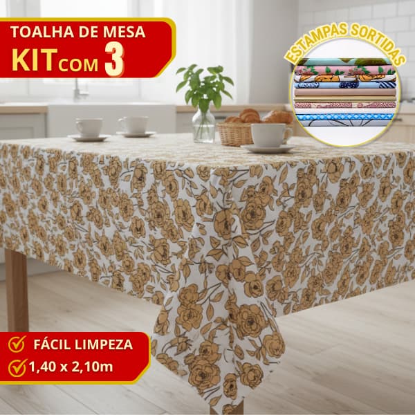 Kit Com 3 Toalhas de Mesa Retangular 6 Lugares Estampas Sortidas Cozinha 210cm x 140cm
