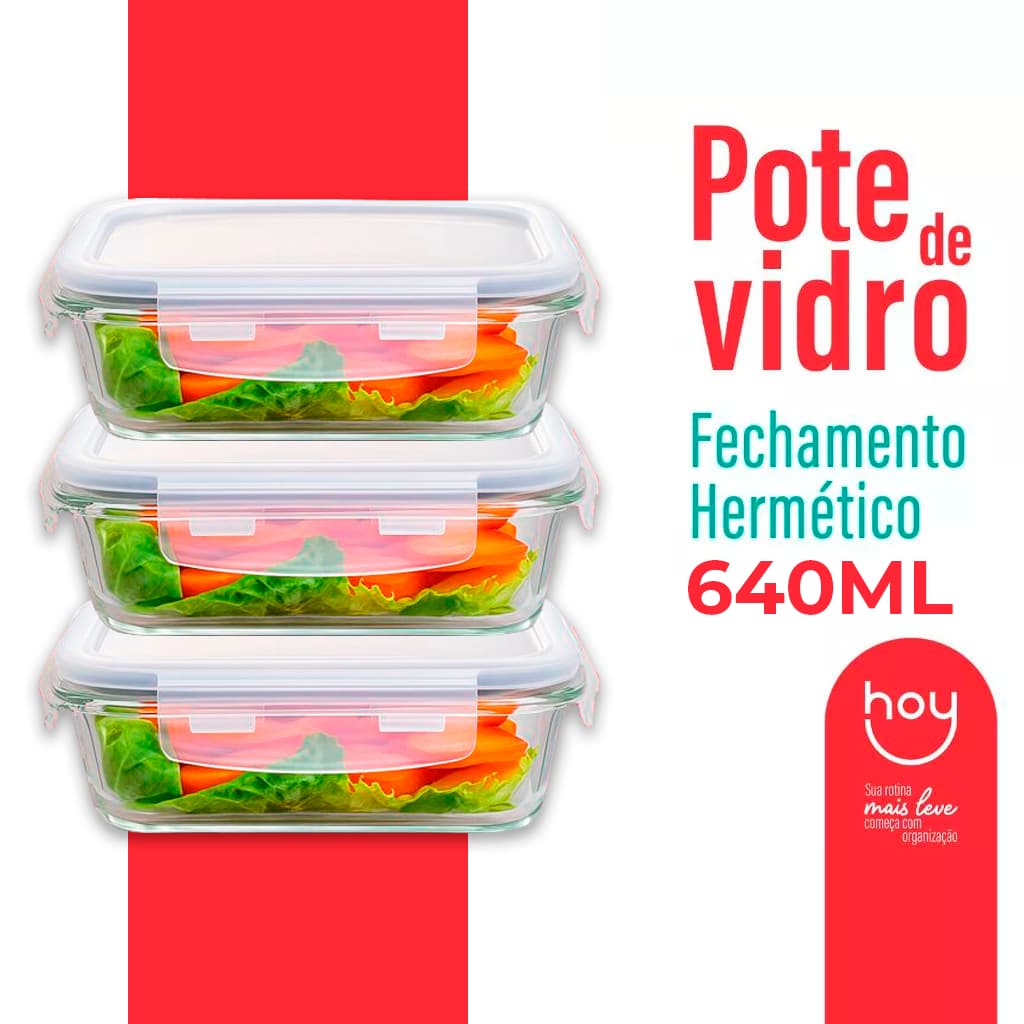 Conjunto Potes 640ml Vidro Hermético 4 Travas Marmita Alta Vedação Marmita Kit 3/2