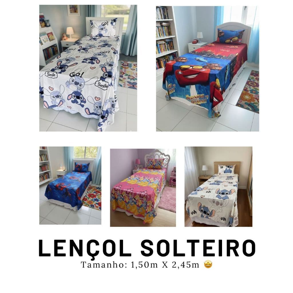 Kit Lençol Infantil Solteiro com Personagens – Toque de Algodão, Macio e Confortável 1,50 x 2,45