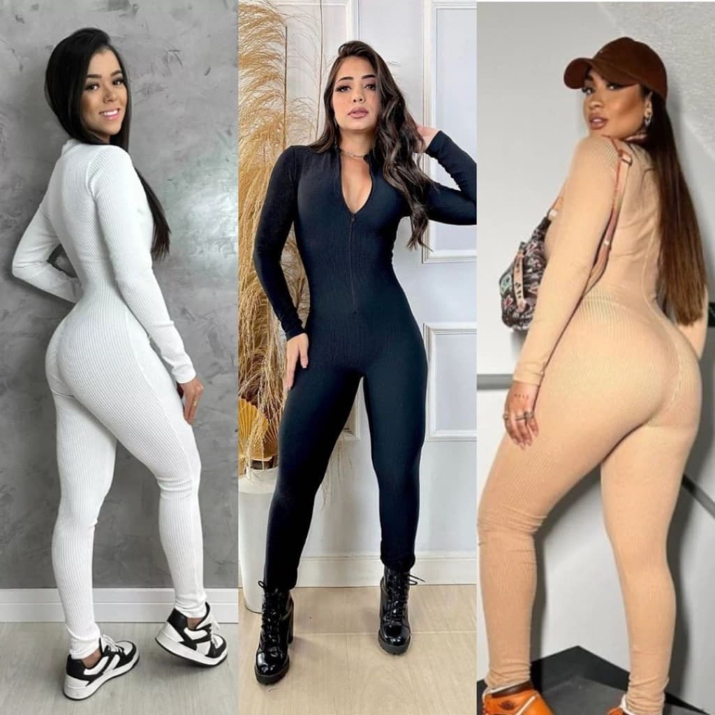 Macacão Feminino Longo Canelado 3D Premium Zíper Frontal Virgínia Moda Gringa Manga Longa e Calça