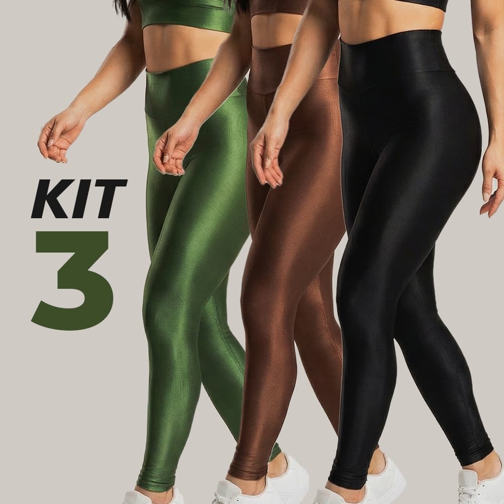 Kit 3 Calças Legging Fitness Feminina – Trilobal Canelada Cintura Alta Brilho Academia e Treino