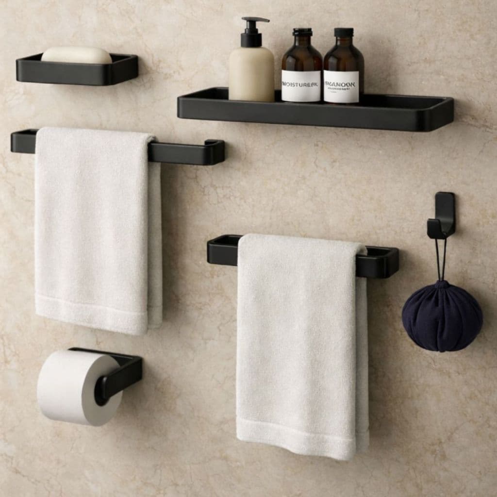 Kit Acessórios Para Banheiro Lavabo 6 Peças Toalheiro Inox Premium Suporte Parede Luxo Preto Cromado