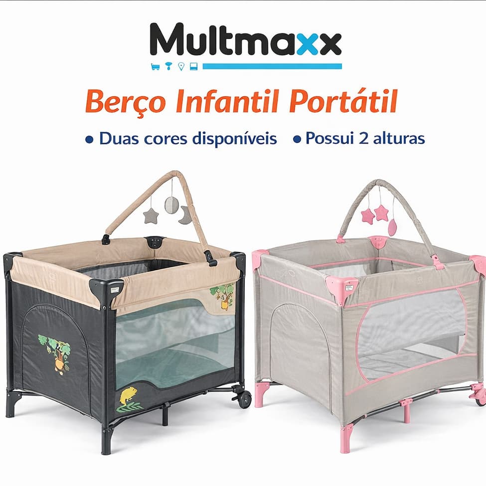 Berço Infantil 2 Alturas Cercadinho Portátil Demontavel Premium Cercado Com Mobile Multmaxx Bercinho