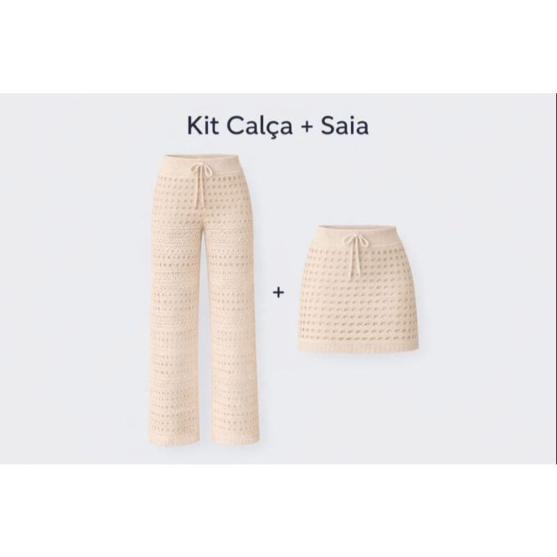 KIT Calça + Saia Em Tricot Saída de Praia Furadinha Estilo Verão