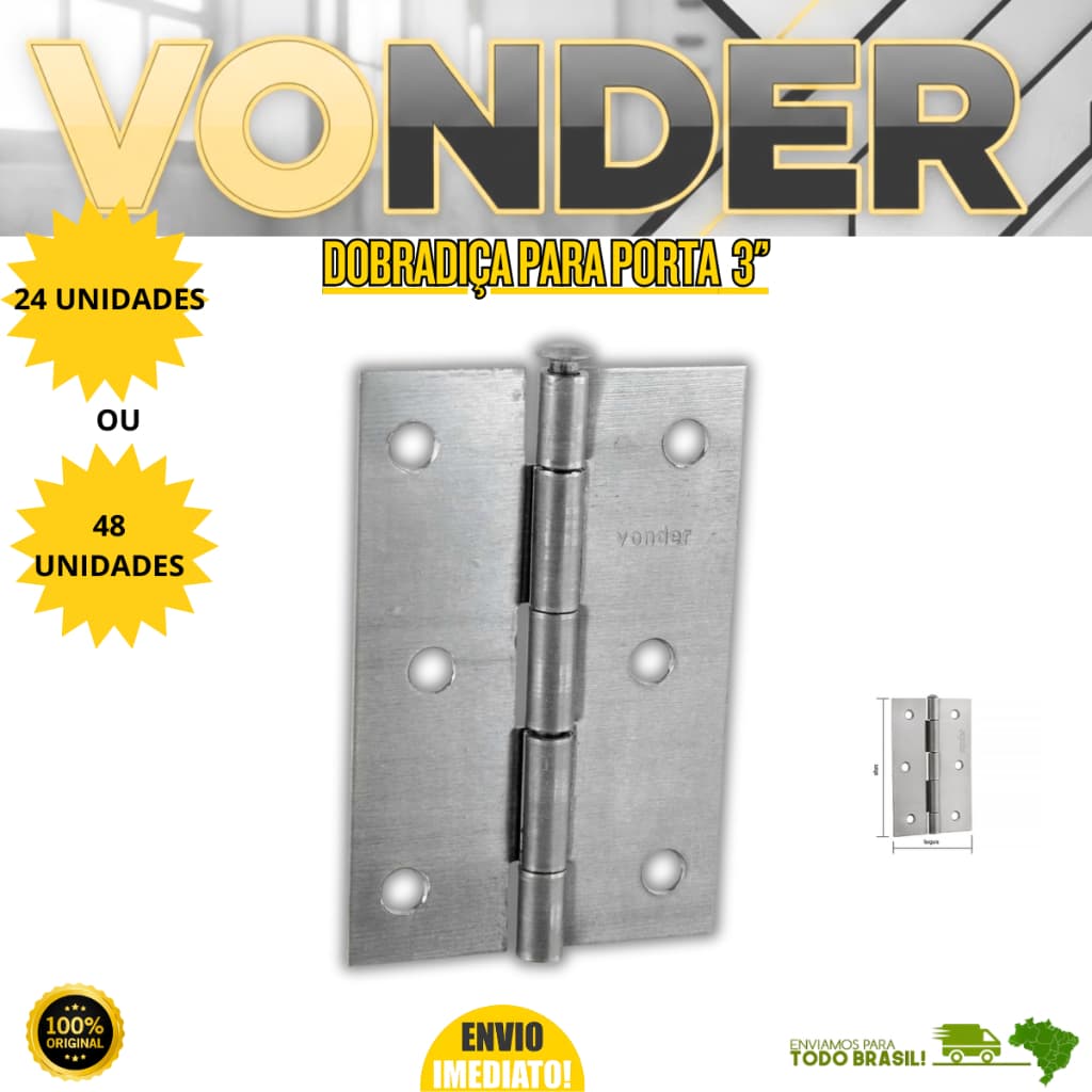 Kit 24 Unidades Dobradiça para Porta 3" Ferro Polido Vonder Oferta Premium Resistente Porta Janelas