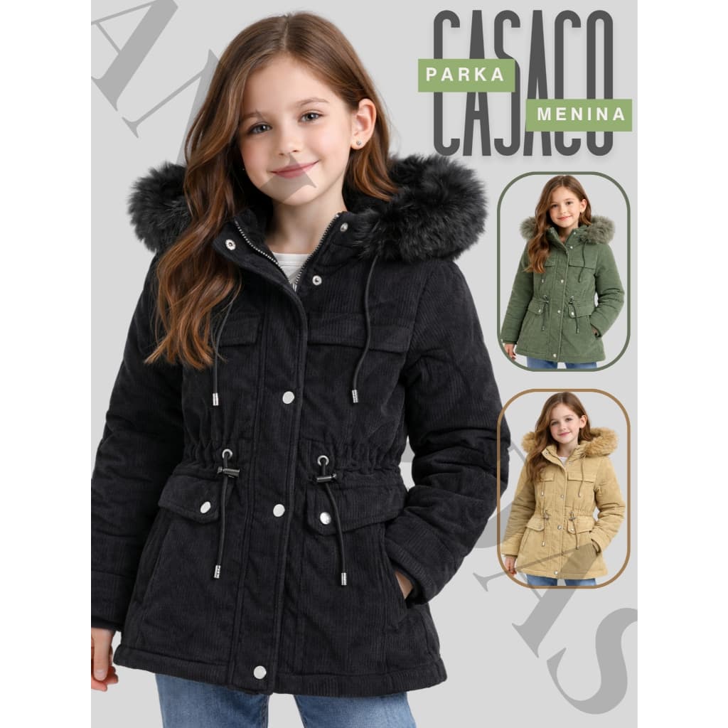 Casaco Parka Infantil Juvenil Menina Jaqueta Com Zíper Sobre Tudo