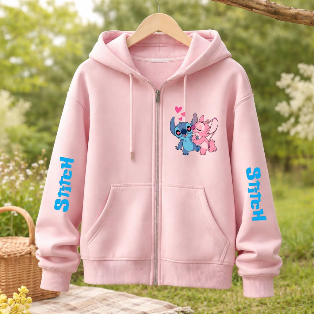 Blusa de Moletom com Ziper Casaco Quentinho Capuz Bolso Lillo Stitch Infantil Infanto Juvenil Meninas