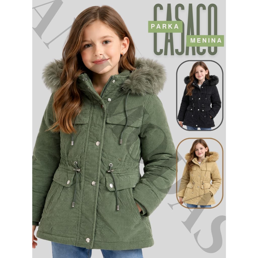 Casaco Infantil Parka Jaqueta Juvenil Menina Com Zíper Sobre Tudo Inverno