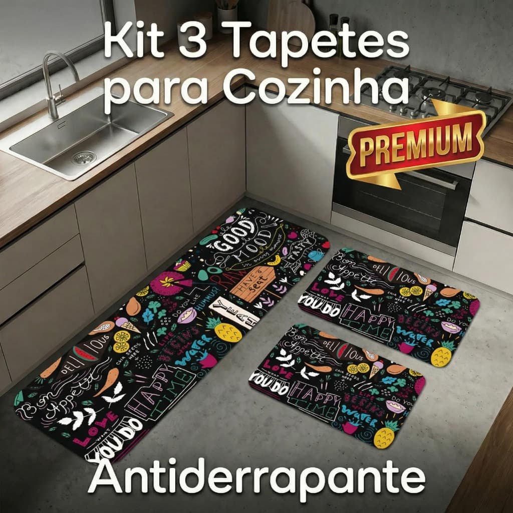 Kit de 3 Tapetes para Cozinha Good Mood Antiderrapante DcoreAqui