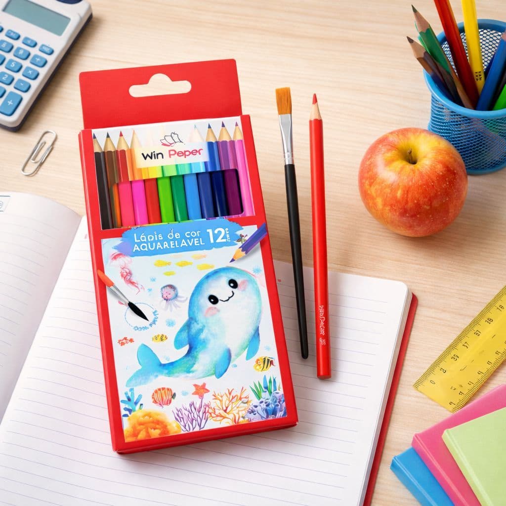 Lápis de Cor 12 Cores Aquarelável com 1 Pincel Escolar Win Paper