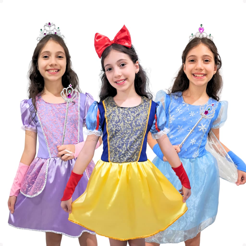 Vestido Fantasia Princesas Infantil Kit Coroa Varinha Luva Acessório Frozen Branca de Neve Rapunzel
