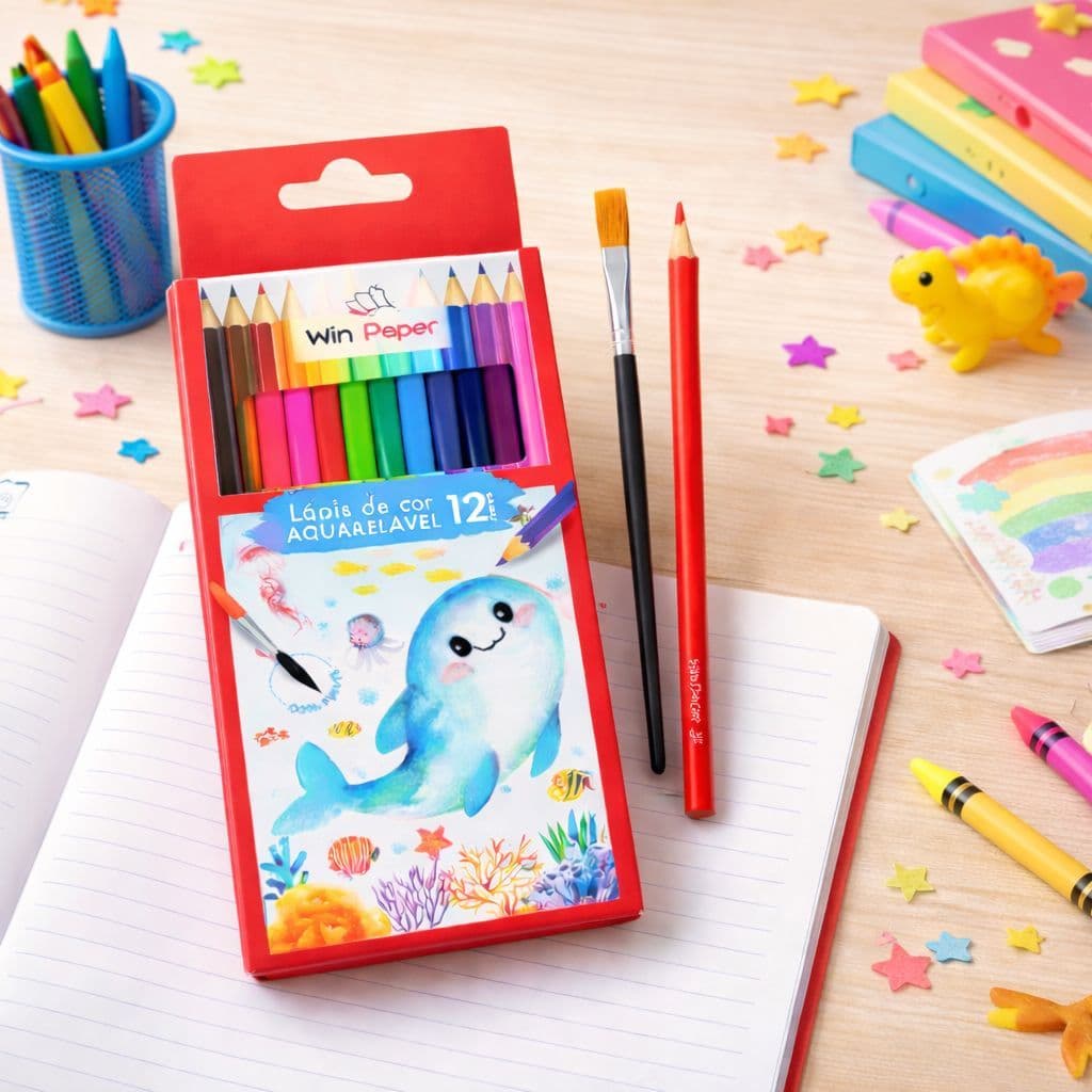 Lápis de Cor 12 Cores Aquarelável com 1 Pincel Escolar Win Paper