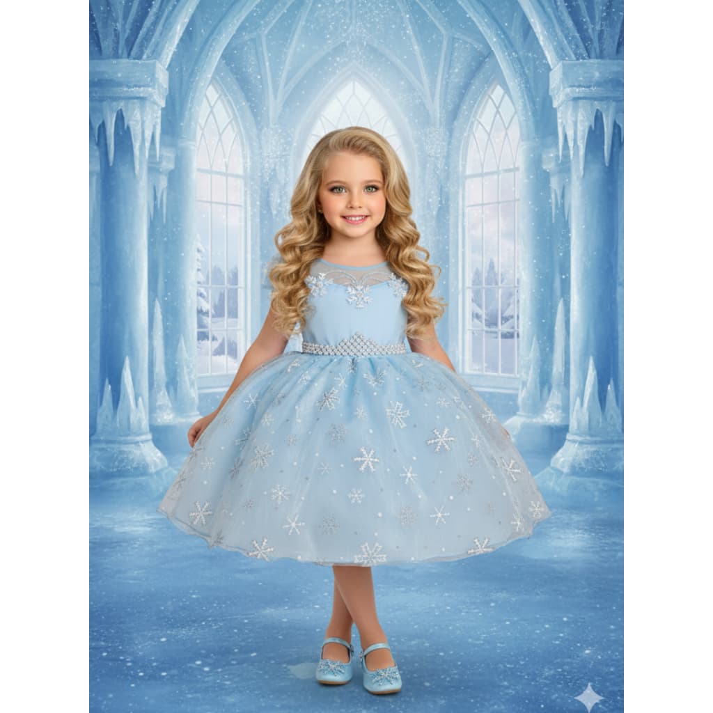 Vestido Infantil Festa Frozen Elsa Azul com Capa Princesa Tema Aniversário 1 a 12 anos