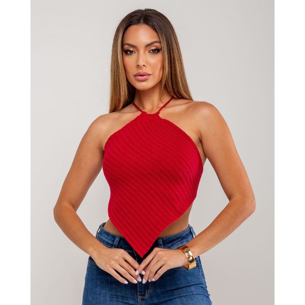 Top Lenço Feminino Tricot Cropped Bandana Amarração Nas Costas Tricô Moda Verão