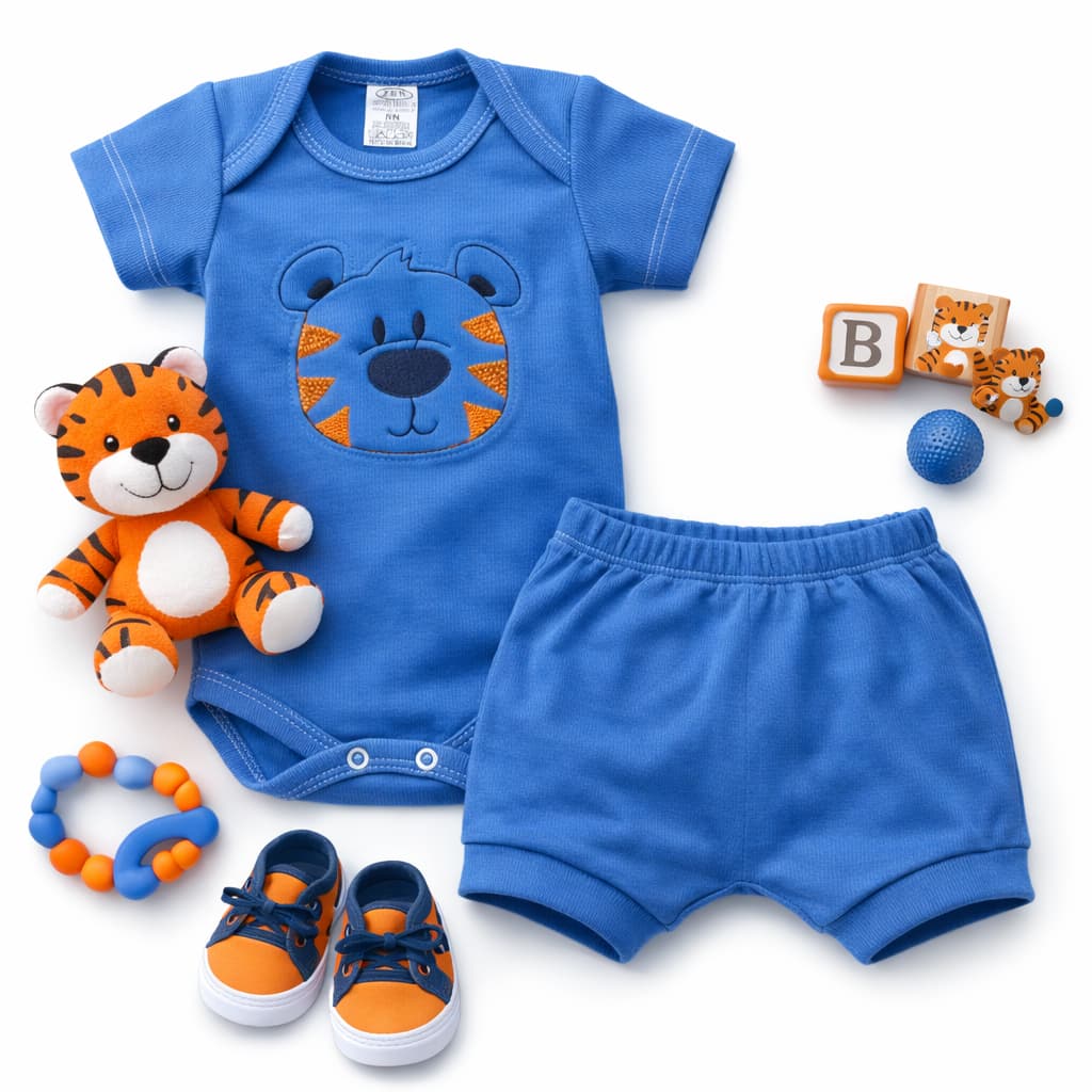 Conjunto Bebê Menino com Bory e Tapa Fraldas tecido canelado macio e confortável