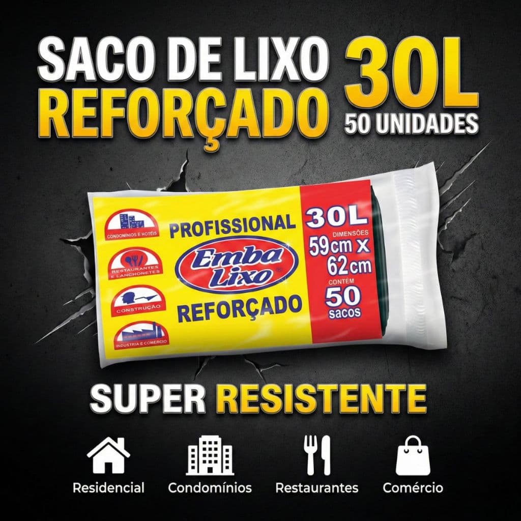 Saco de Lixo Embalixo Reforçado 30L c/ Alta Resistência 50 Unidades p/ lixeiras Ideal para Uso Diário em Casa e Comércio