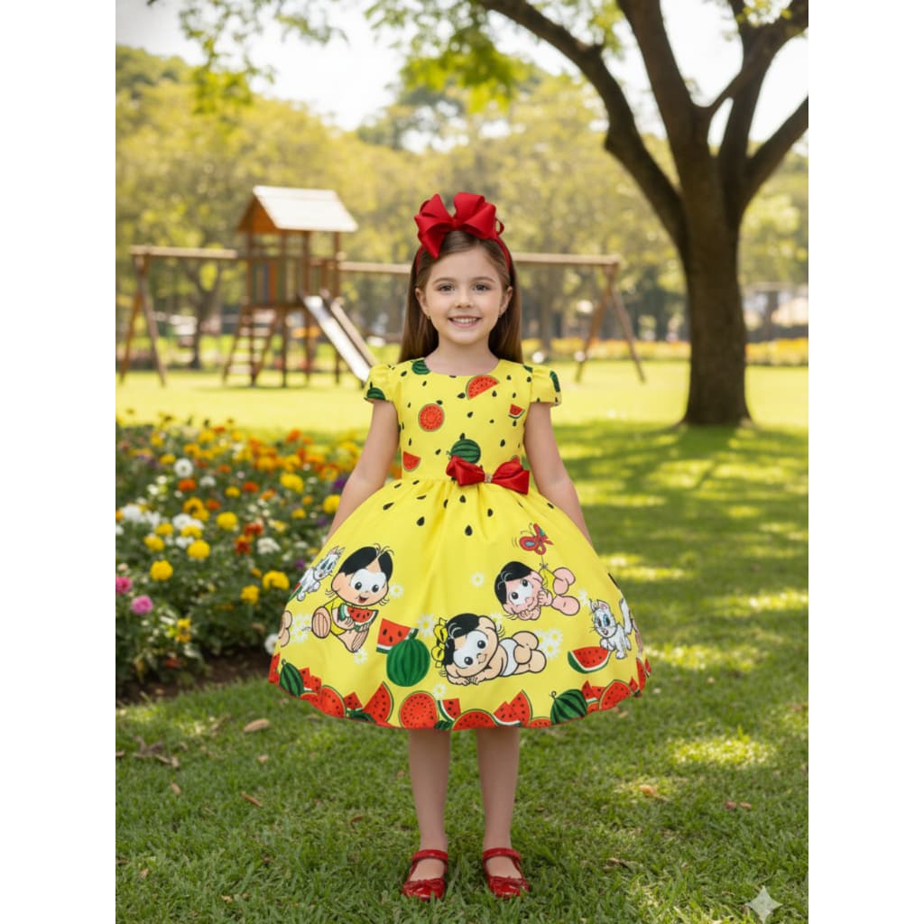 Vestido Infantil Tema Melancia Amarelo – Look Divertido para Festas menina 1 a 8 Anos