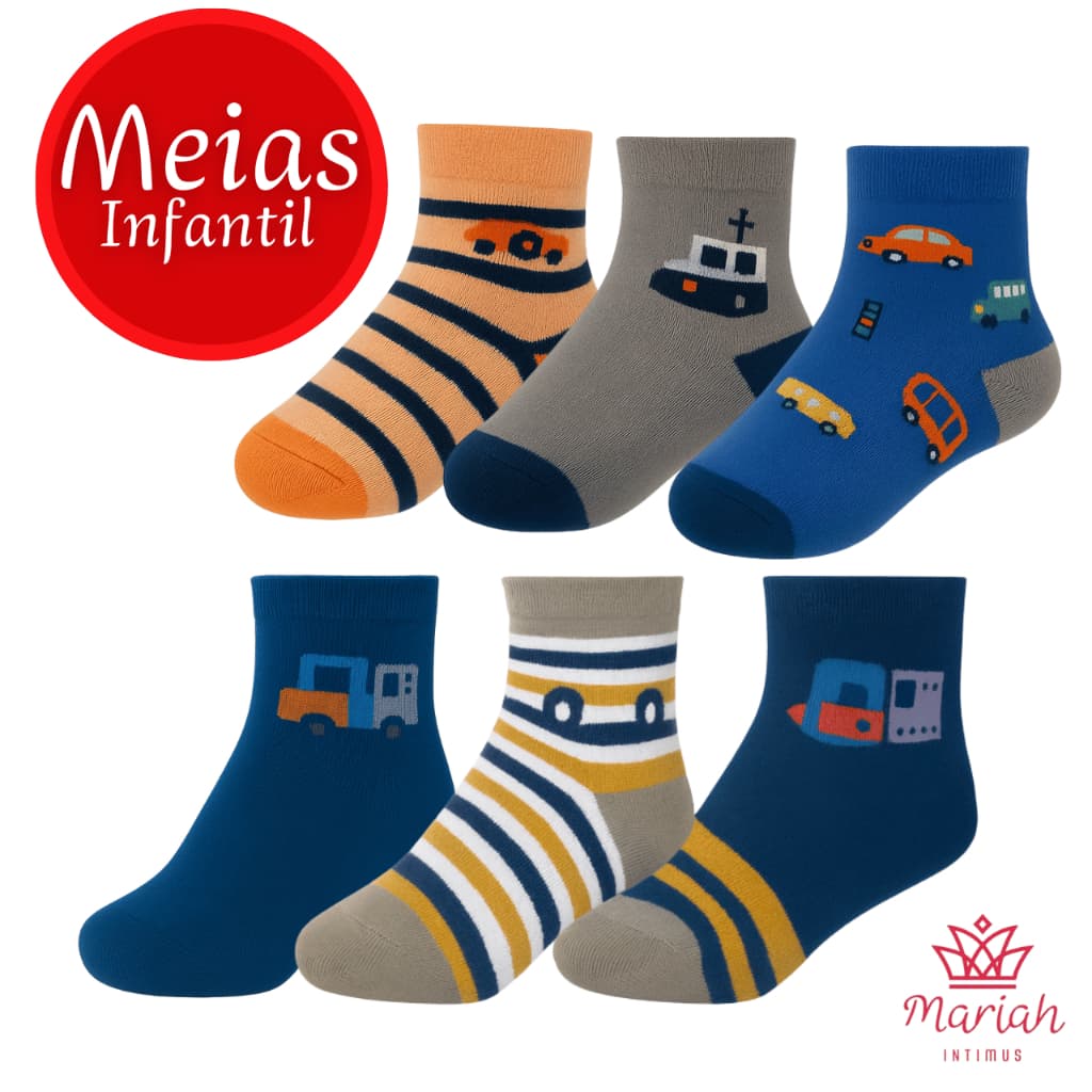 Kit 12 ou 6 Pares Meia Cano Alto Infantil Masculino Sortido