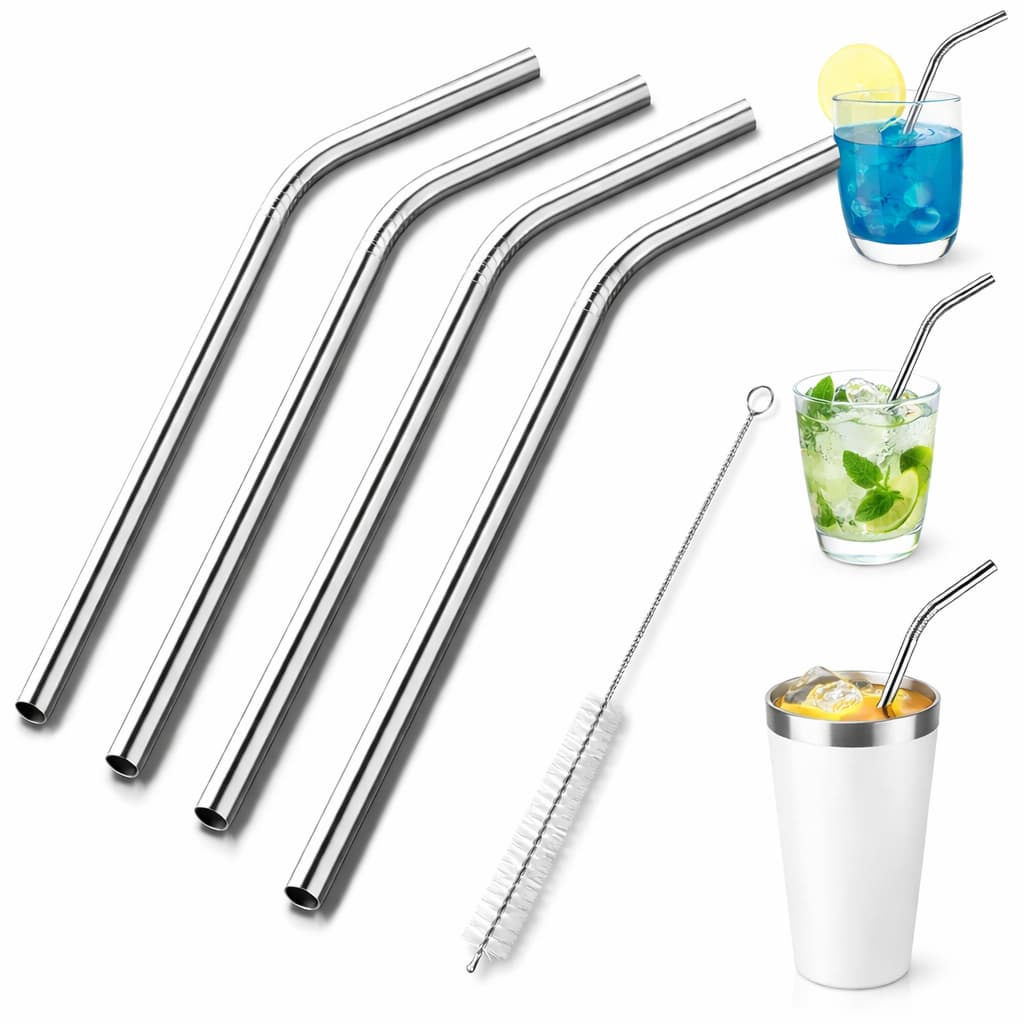 04 Canudo de Aço Inox Reutilizável e 1 Escova de Limpeza Canudos Drinks - ENVIO RAPIDAMENTE
