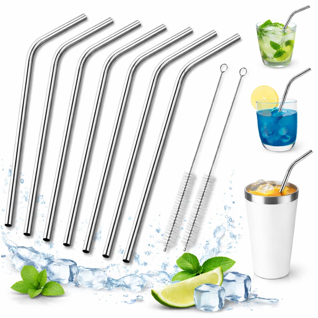 Canudos Inox Curvos com Escova Limpeza Reutilizáveis Copos Drinks - ENVIO IMEDIATO
