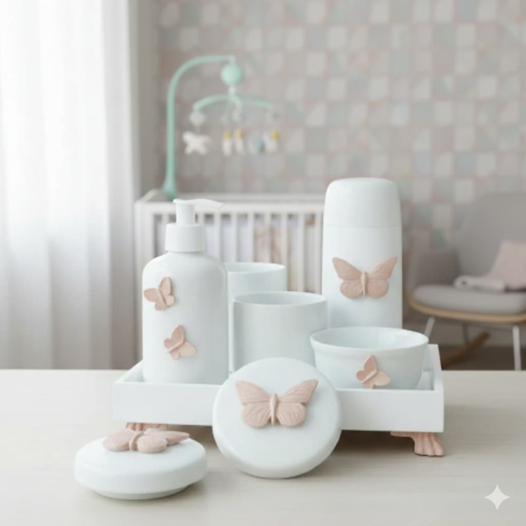 Kit Higiene Porcelana K045 Completo Borboletas Rose Baby Moderno Bebê Bandeja Térmica