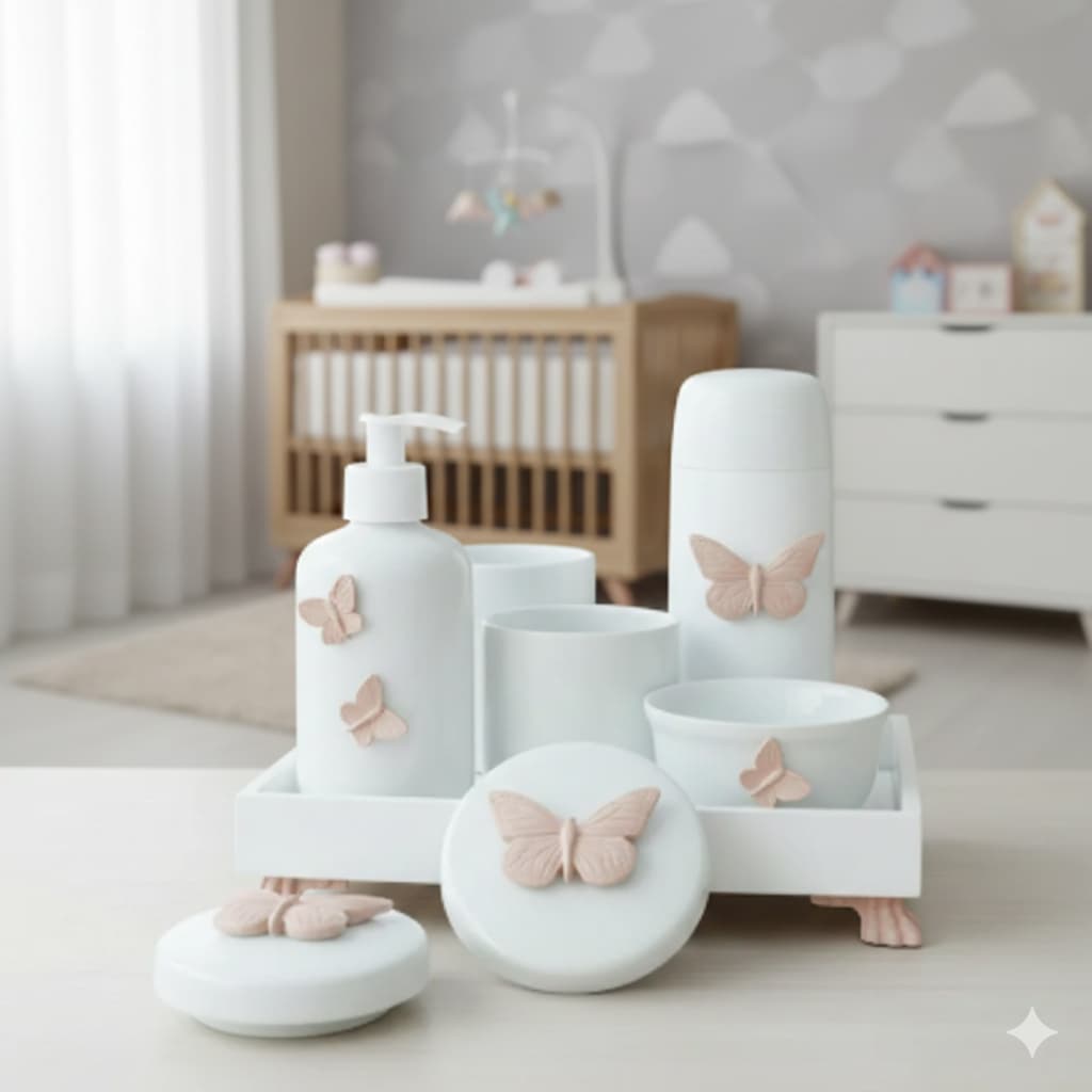Kit Higiene Bebê K045 Borboletas Rose Porcelanas Mini Térmica Banho Cuidado Bancada Quarto Liquida