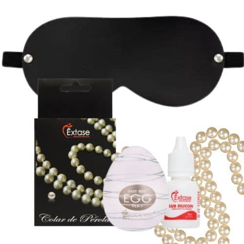Kit erótico para Casal com Venda para Olhos – Colar de Pérolas Massageador + Egg + Lubrificante Siliconado