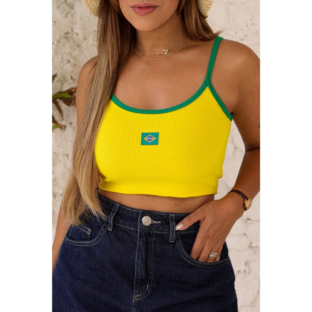Cropped Brasil Copa do Mundo 2026 Torcida Verde e Amarelo Verão Praia Tecido Premium