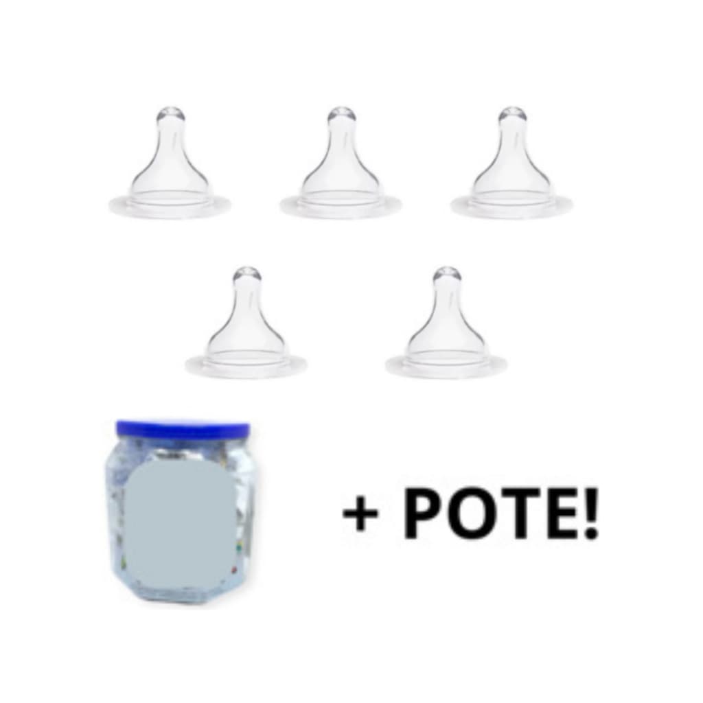 Kit com 5 unidades Bico BIG de mamadeira Redondo Silicone  + Pote (0008)