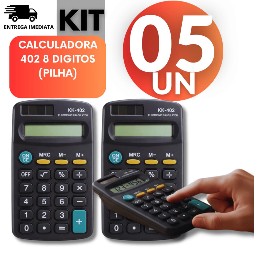 KIT 05 Uni - Mini Calculadora de Bolso e Mesa Portátil KK-402 com 8 Dígitos e Teclas Silenciosas