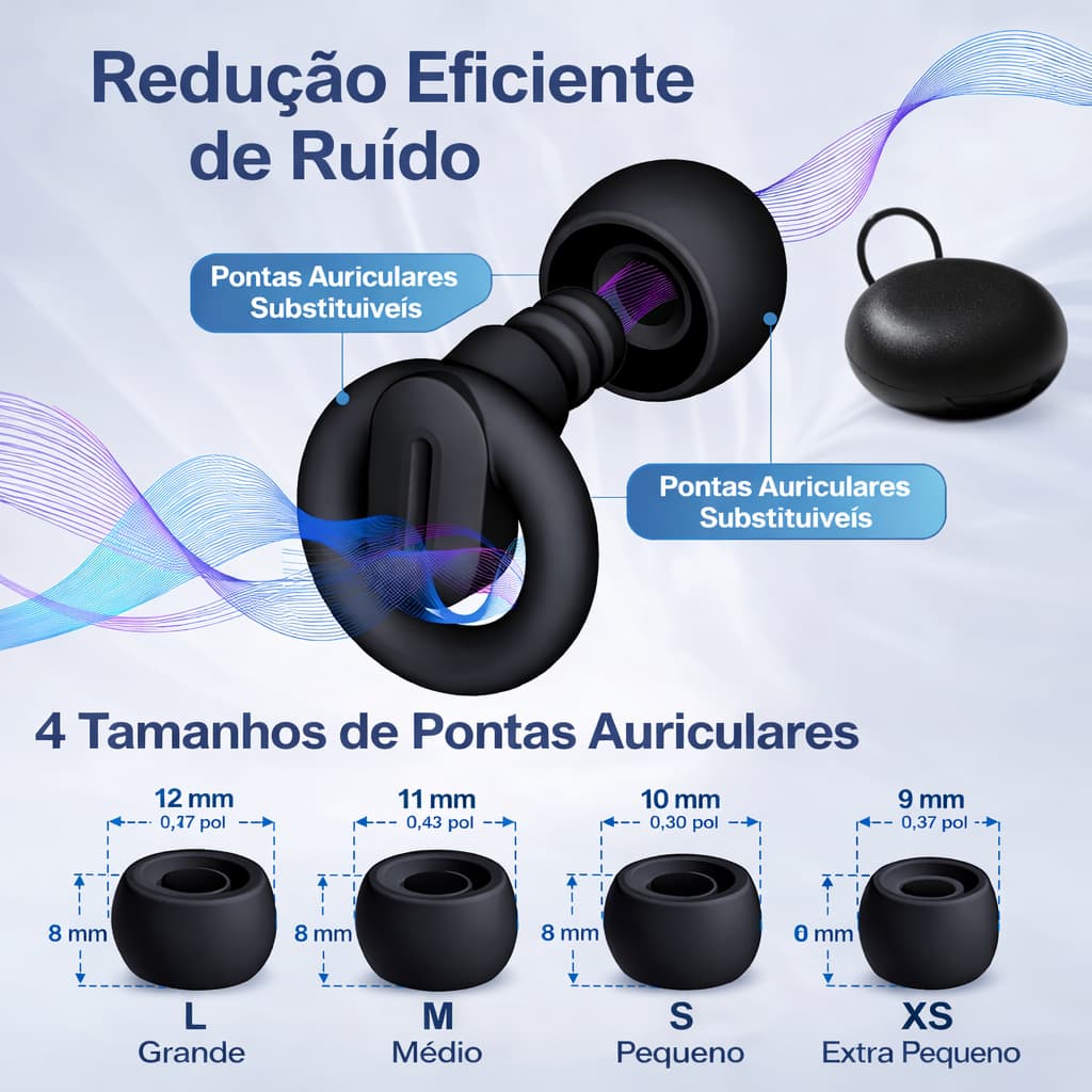 Tampão de Ouvido Silicone Anti Ruído Ultra Macio para Dormir, Estudar, Viajar com Estojo e Pontas Extras