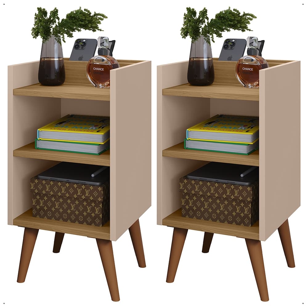 Kit 2 Mesas de Cabeceira Max - Retrô – Funcionais com Nicho, Porta Celular e Pés Palito