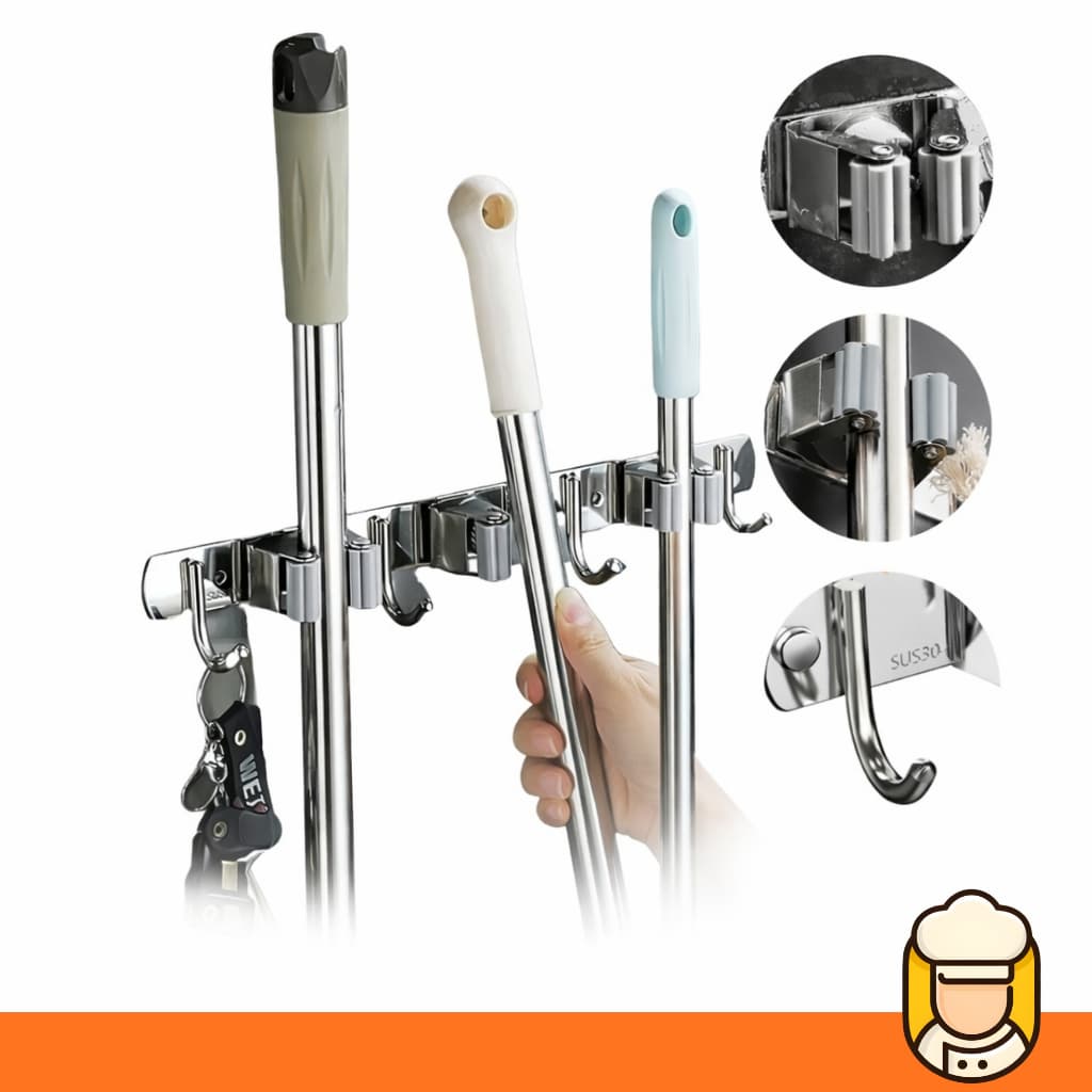 Suporte Vassoura Panos Acessórios Aço Inox Organizador Resistente 7 Ganchos Porta Vassouras