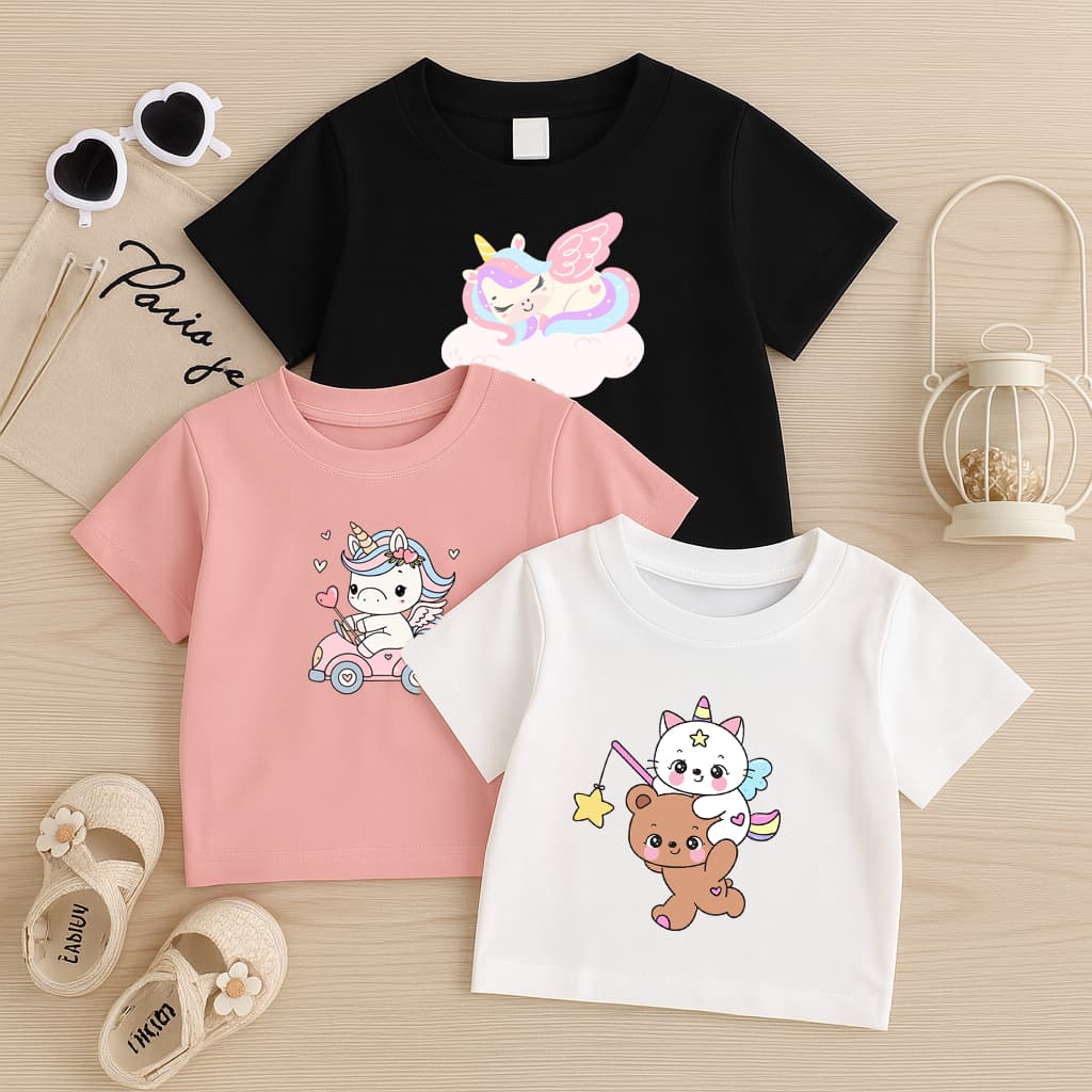 Kit 3 Camiseta Básica Infantil Menina Unicórnio Blusa 100% Algodão Ursinho Lançamento