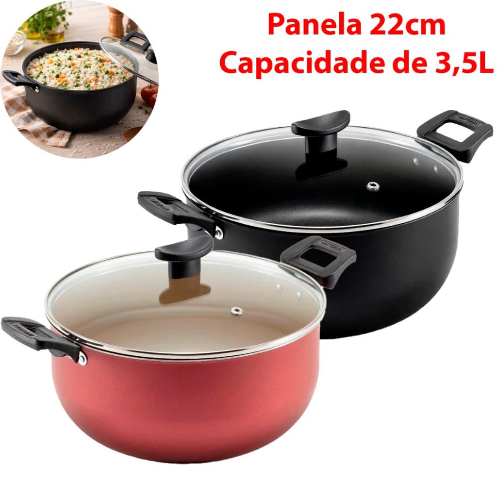 Panela Caçarola 22cm de 3,5 Litros Grande Para Cozinha Antiaderente Reforçada Tampa Vidro Temperado