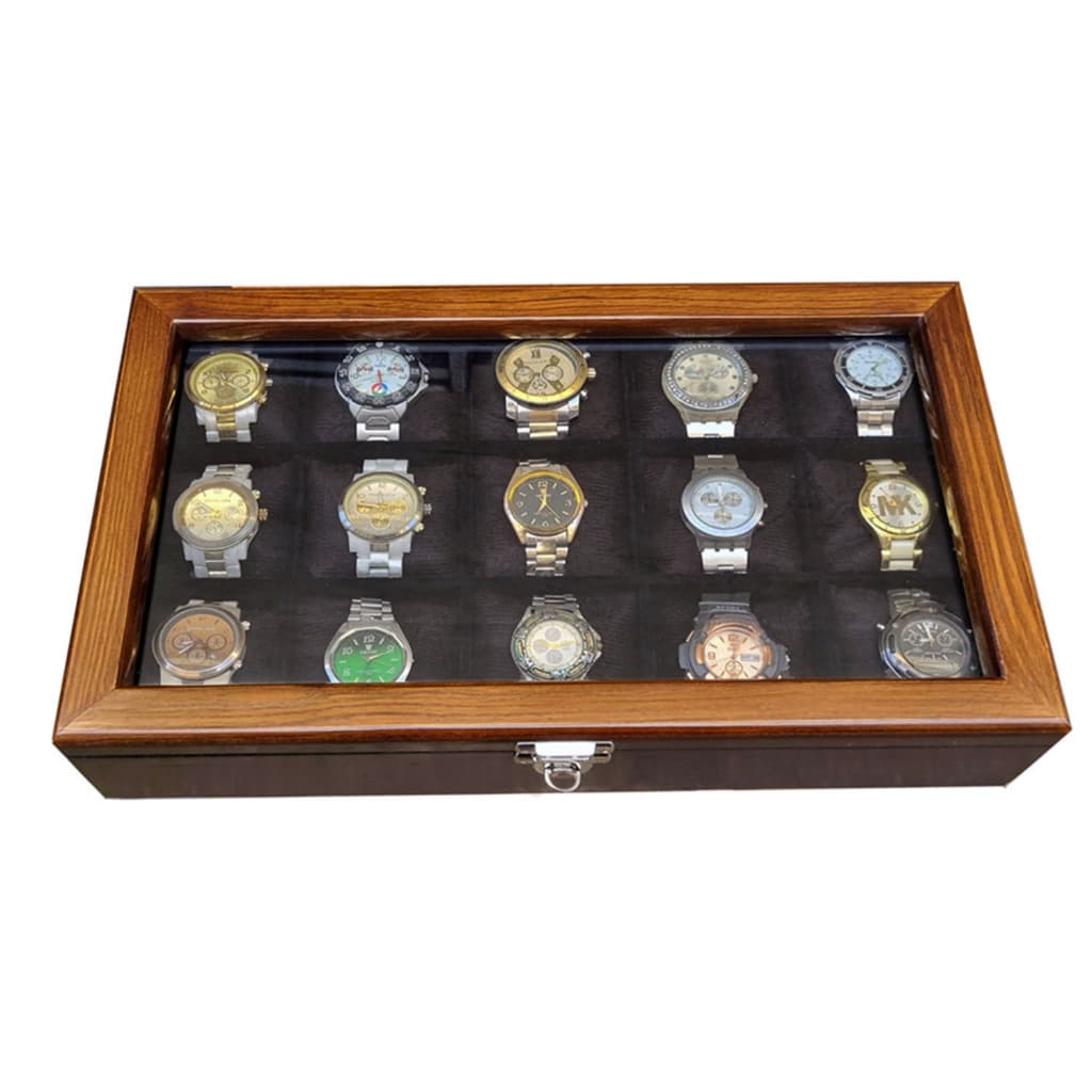 Caixa Estojo para 15 relógios tabaco flocado de veludo preto.