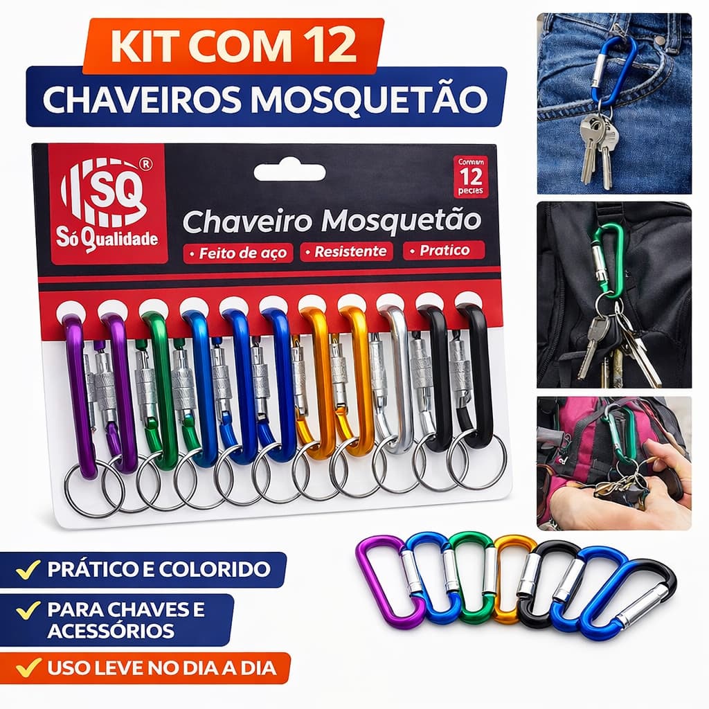 12 Chaveiros Mosquetão com Trava Cores Sortidas