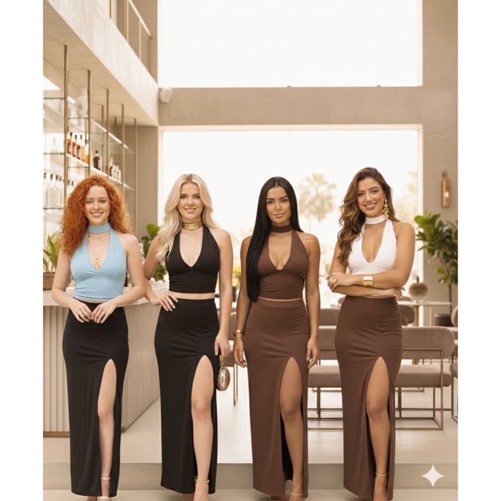 Conjunto Feminino Top Cropped Amarração Multiformas E Saia Longa Com Fenda Casual Blogueira Suplex