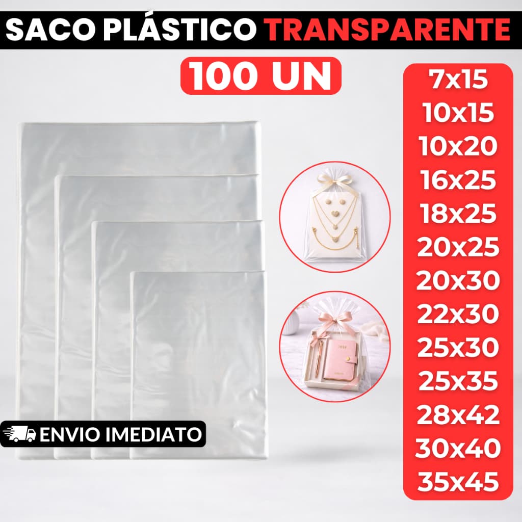 100 Unidades de Saco Plástico Sem Aba Adesiva Transparente Resistente Premium Polipropileno