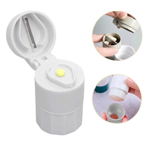 Porta Comprimido 3 em 1 com Cortador e Amassador Organizador de Remédios Duplo