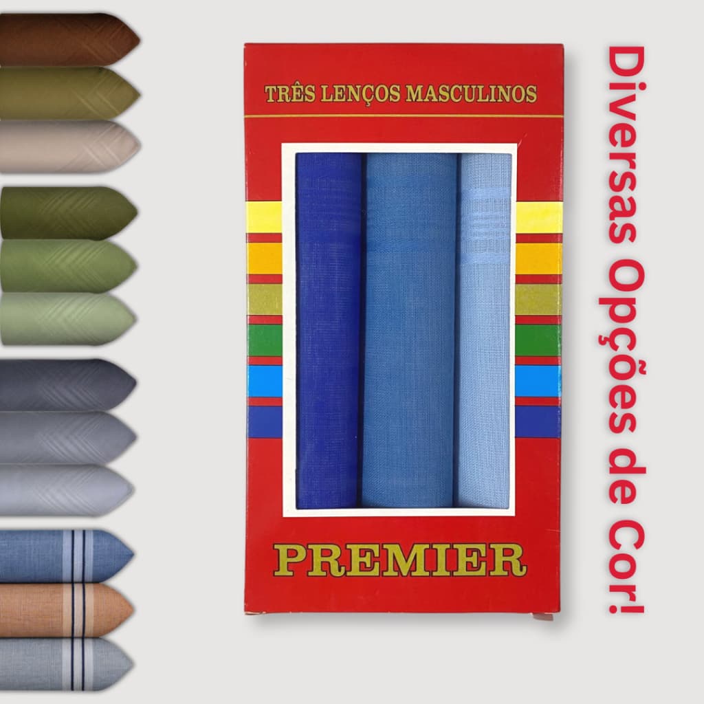 Caixa c/ 3 Lenço Masculino de Bolso 100% Algodão Premier