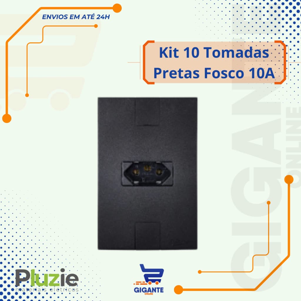 Kit 10 Conjunto Embutir 4x2 1 Tomada Preto Fosco 2p+t 10A Pluzie 250v