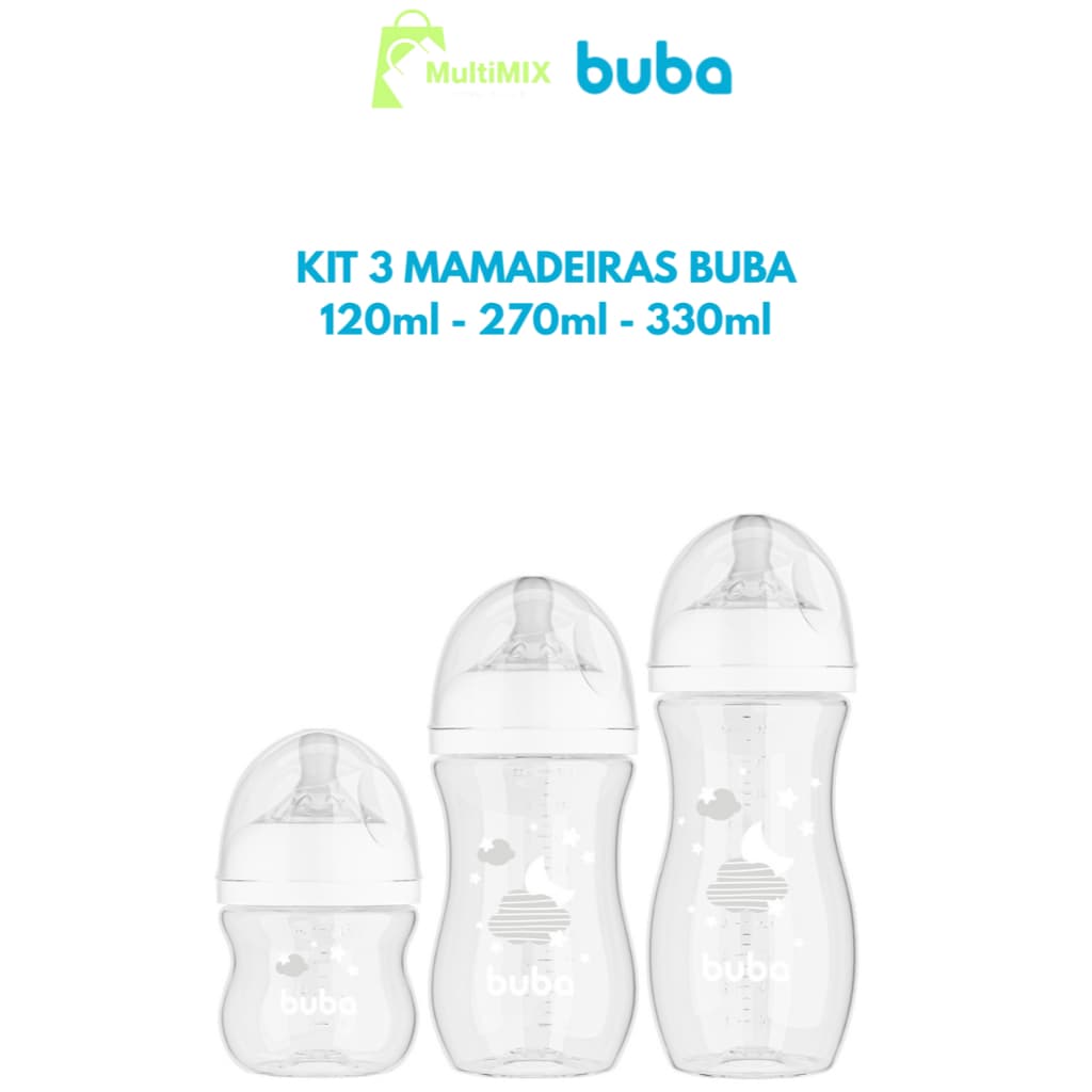 KIT 3 Mamadeiras BUBA Easy Flow Anti-cólica Nuvem Branca - 0+ 120ml , 2+ 270ml , 4+ 330ml - Bebe, Buba