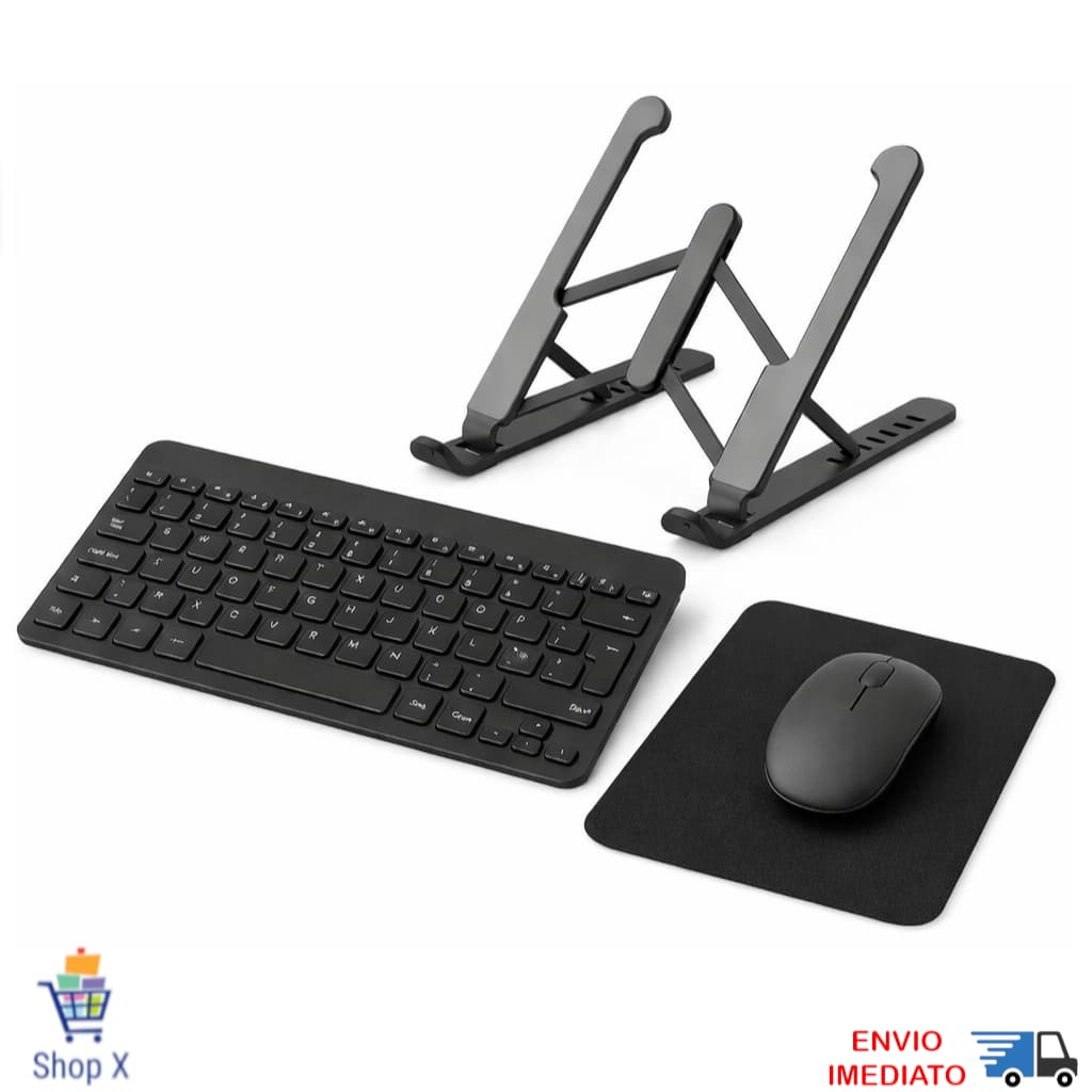Kit Teclado e Mouse Sem Fio Bluetooth e Suporte Notebook e Mousepad Uso em PC iPad Tablet e Notebook