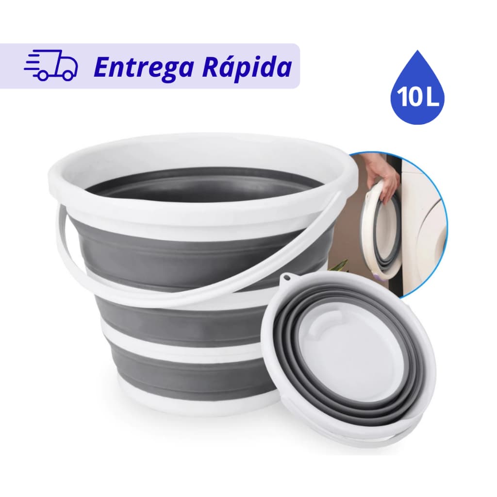 Balde Dobrável Retrátil Flexível de Silicone 10L com Alça, Premium | Multiuso Lavanderia Camping