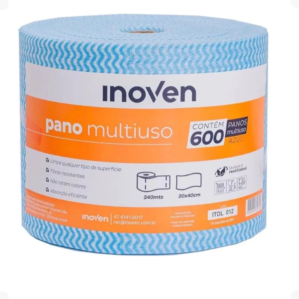 Pano Rolo Multiuso Inoven Azul 600 Panos Reutilizável Alta Absorção