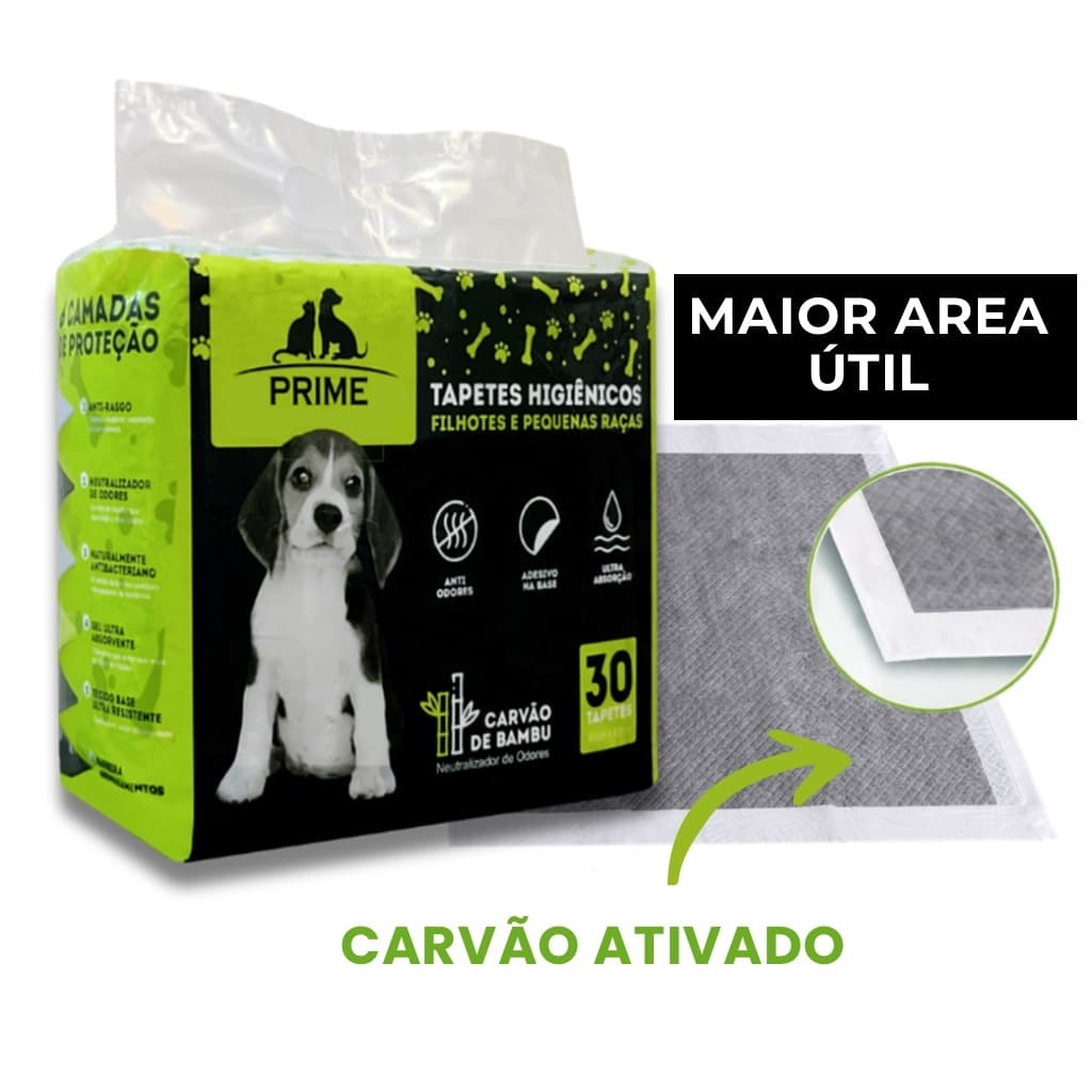 30 Tapetes Higiênicos Prime Carvão Ativado 60x60 - Gel Ultra Absorvente | Cães | Anti-Odor