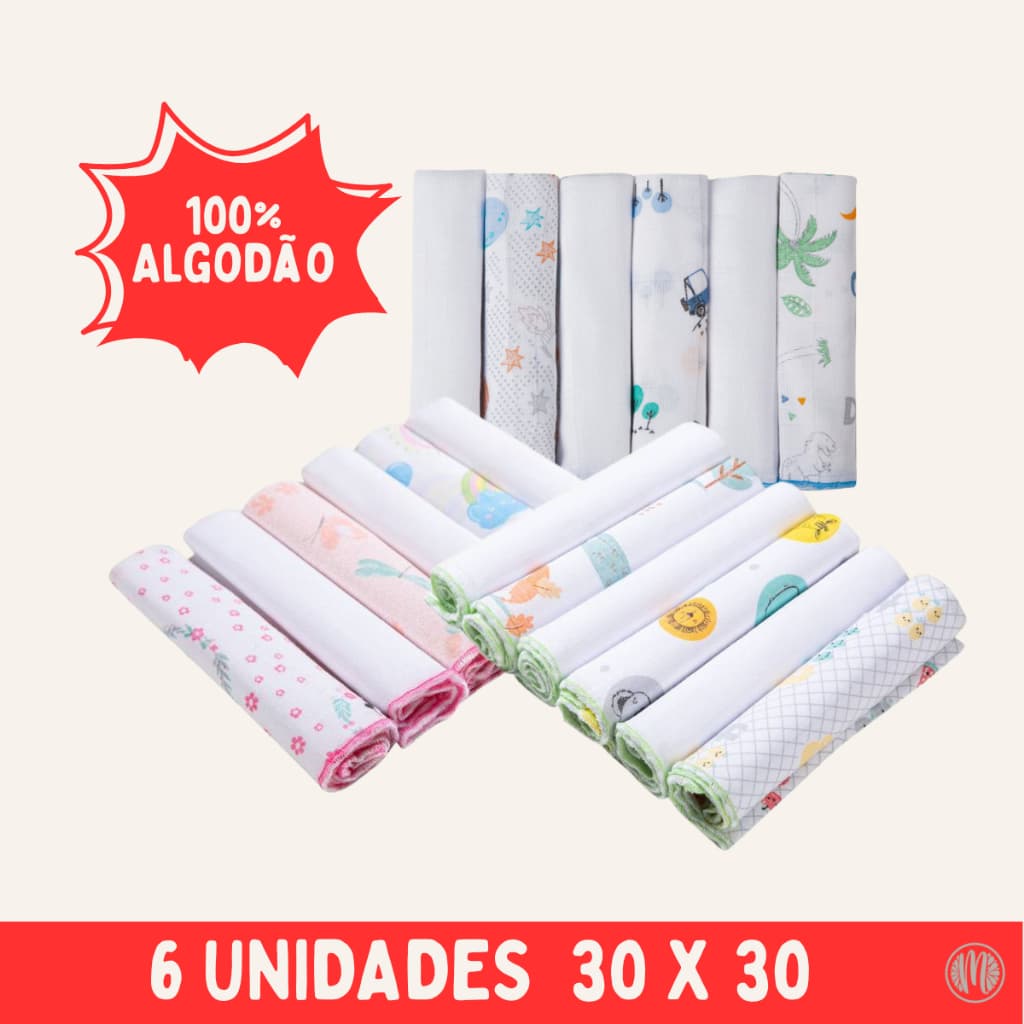 Kit 6 Pano de Boca 100% Algodão Paninho Fralda de Bebe 30cmx30cm Papi